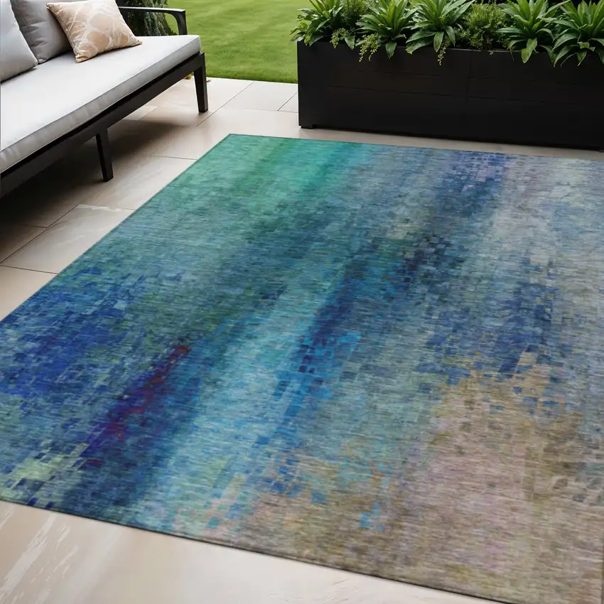Blue And Tan Abstract Washable Indoor Outdoor Area Rug Photo 1