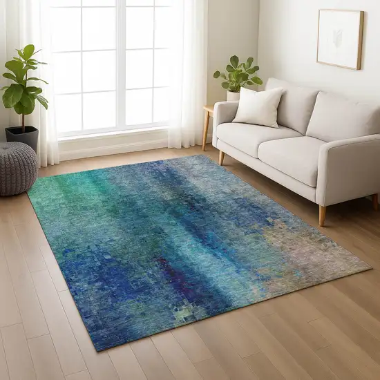 Blue And Tan Abstract Washable Indoor Outdoor Area Rug Photo 8