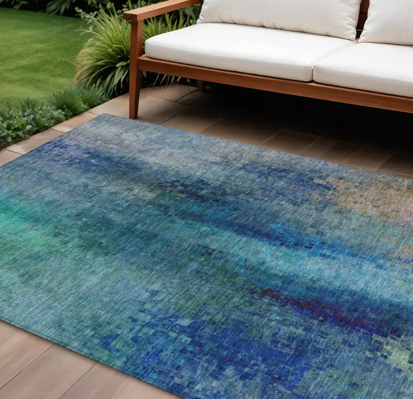 Blue And Tan Abstract Washable Indoor Outdoor Area Rug Photo 1