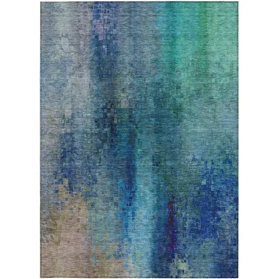 Blue And Tan Abstract Washable Indoor Outdoor Area Rug Photo 4
