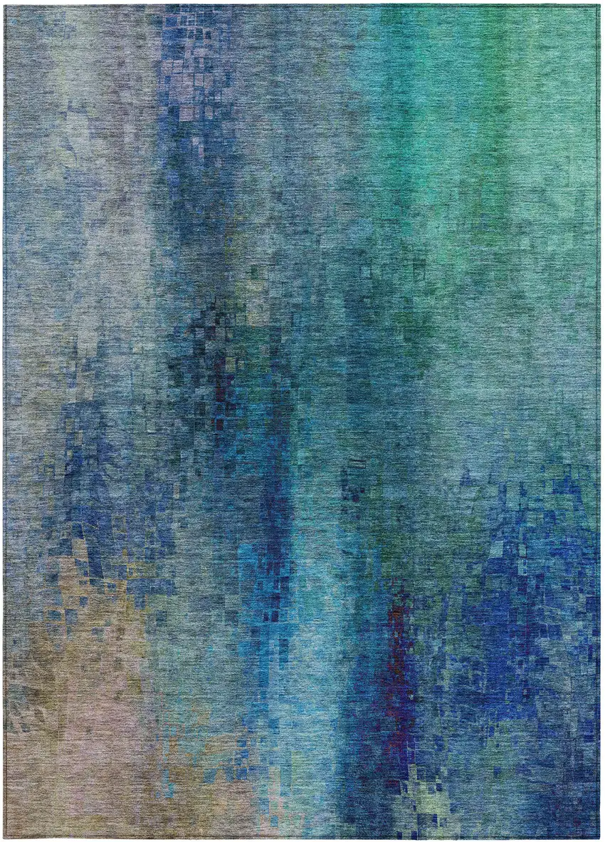 Blue And Tan Abstract Washable Indoor Outdoor Area Rug Photo 5