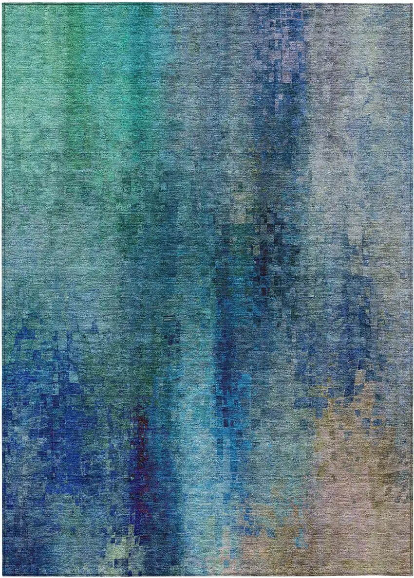 Blue And Tan Abstract Washable Indoor Outdoor Area Rug Photo 2