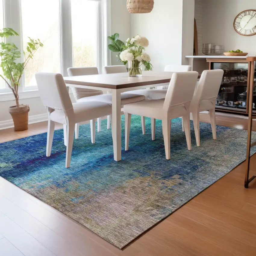 Blue And Tan Abstract Washable Indoor Outdoor Area Rug Photo 9