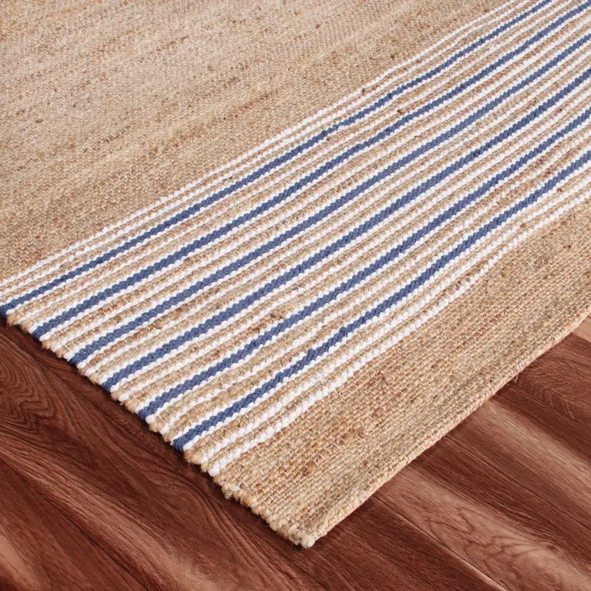 Blue And Tan Jute Striped Hand Woven Square Rug Photo 8