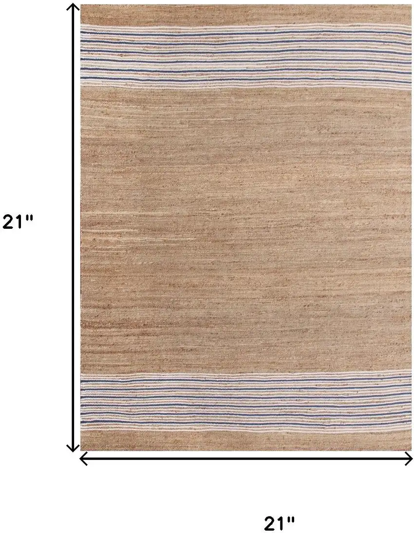 Blue And Tan Jute Striped Hand Woven Square Rug Photo 3