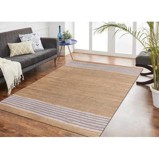 Blue And Tan Jute Striped Hand Woven Square Rug Photo 5