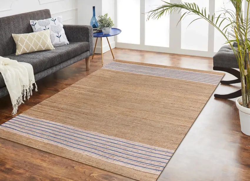 Blue And Tan Jute Striped Hand Woven Square Rug Photo 5