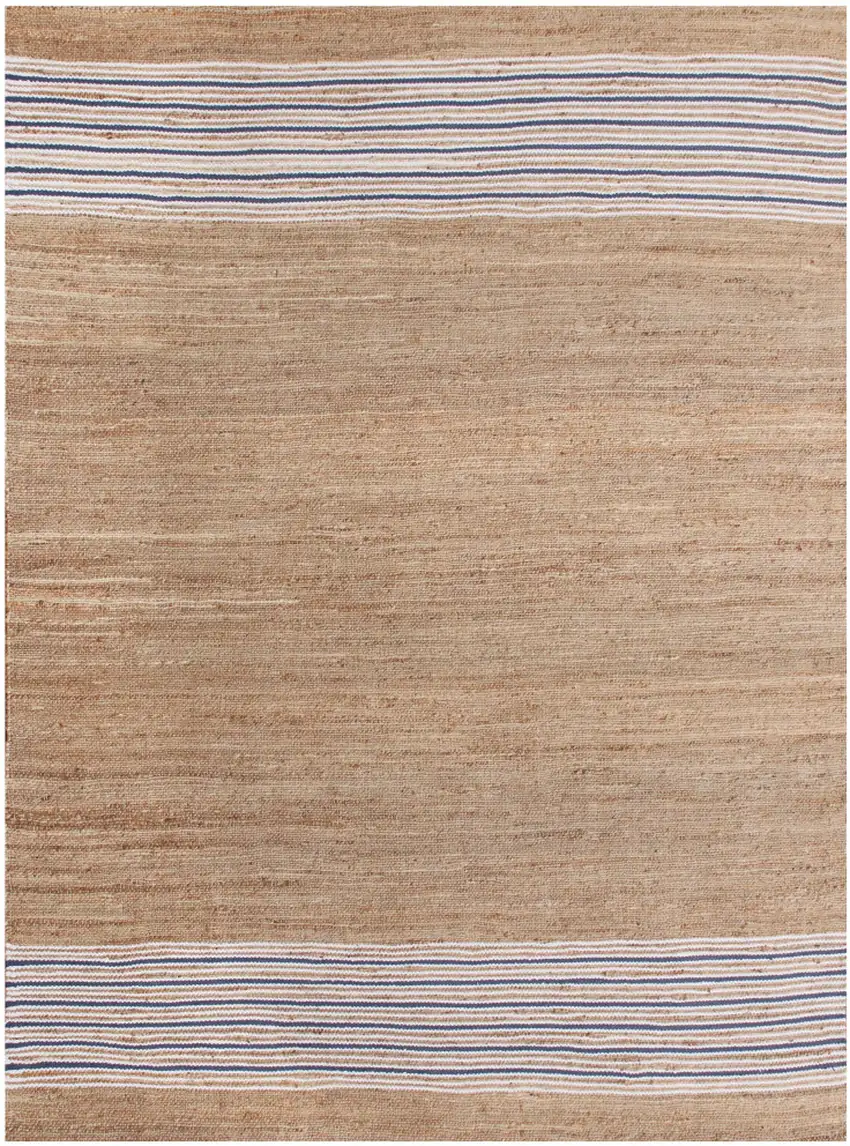 Blue And Tan Jute Striped Hand Woven Square Rug Photo 2