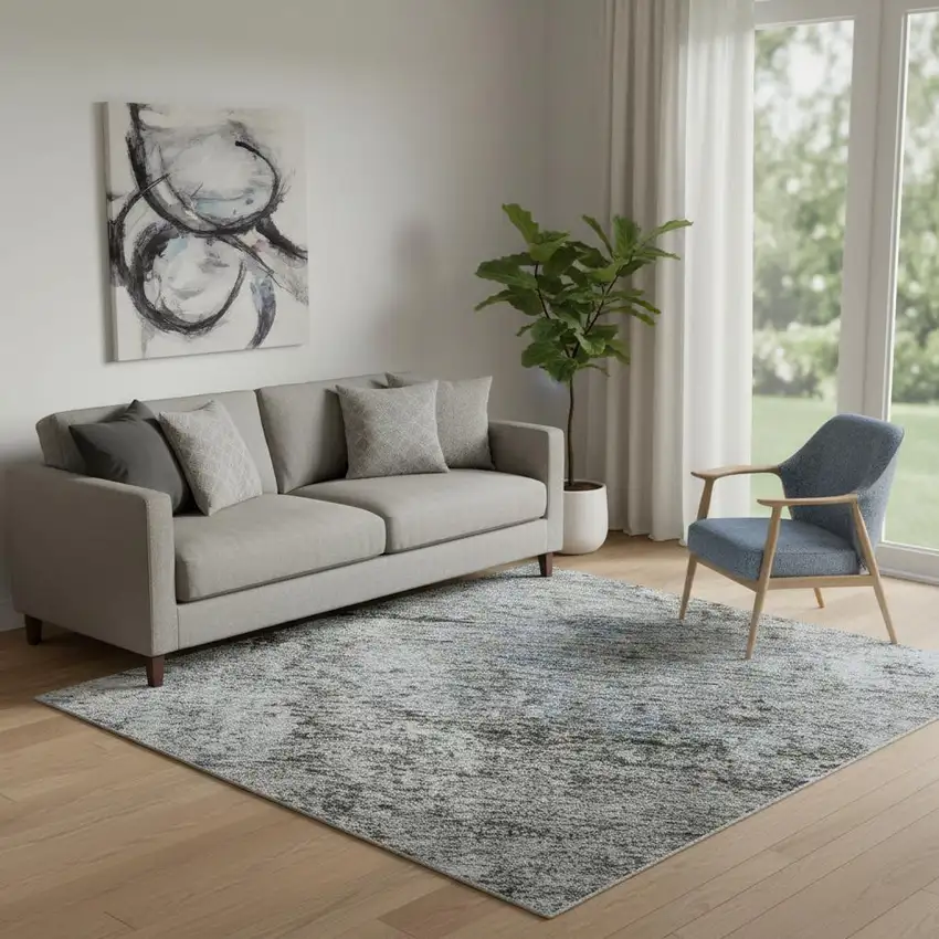 Blue And Taupe Abstract Washable Area Rug With UV Protection Photo 2