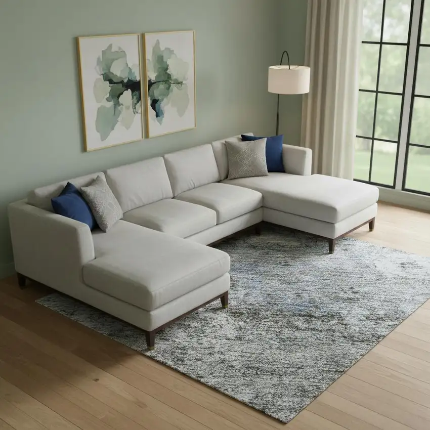 Blue And Taupe Abstract Washable Area Rug With UV Protection Photo 2