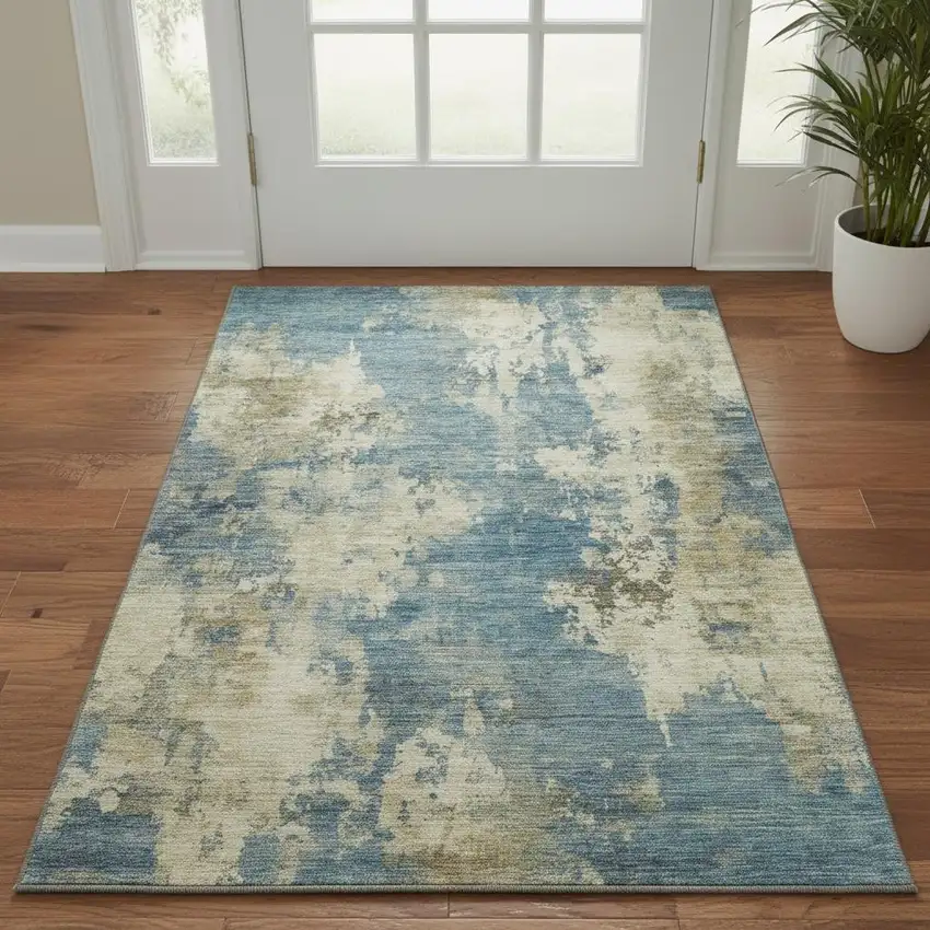Blue And Taupe Abstract Washable Area Rug With UV Protection Photo 2