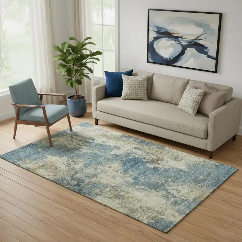 Blue And Taupe Abstract Washable Area Rug With UV Protection Photo 2