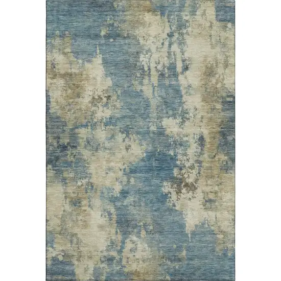 Blue And Taupe Abstract Washable Area Rug With UV Protection Photo 1