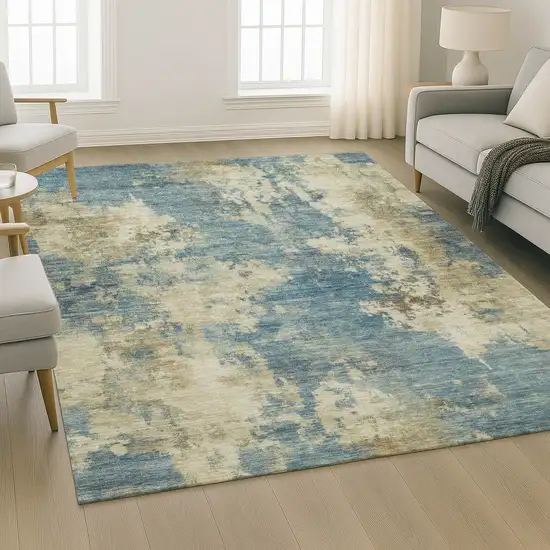 Blue And Taupe Abstract Washable Area Rug With UV Protection Photo 6