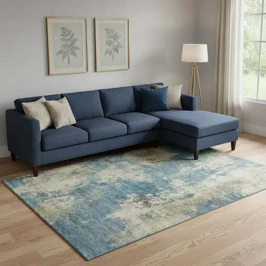 Blue And Taupe Abstract Washable Area Rug With UV Protection Photo 2