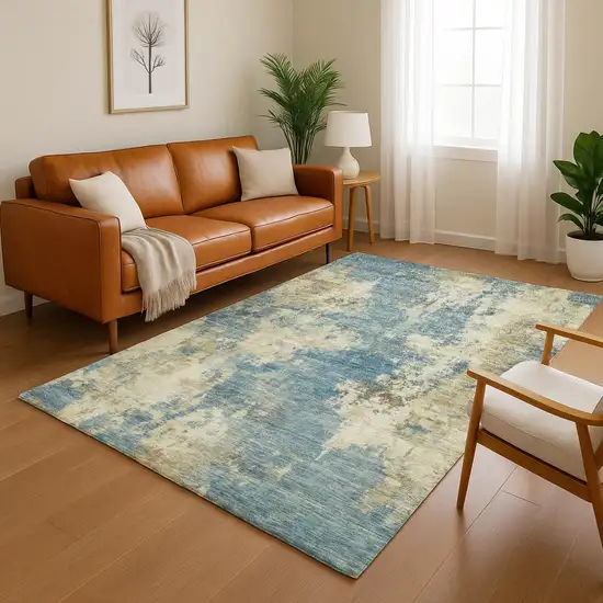 Blue And Taupe Abstract Washable Area Rug With UV Protection Photo 5