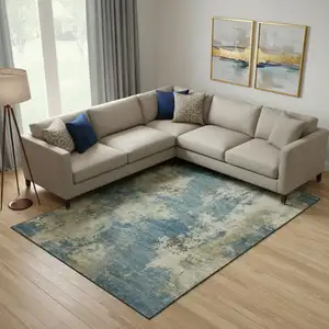 Photo of Blue And Taupe Abstract Washable Area Rug With UV Protection