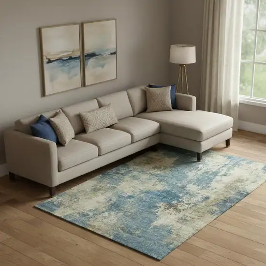 Blue And Taupe Abstract Washable Area Rug With UV Protection Photo 2