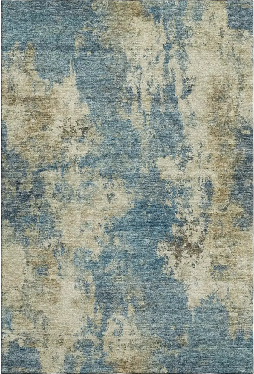 Blue And Taupe Abstract Washable Area Rug With UV Protection Photo 1