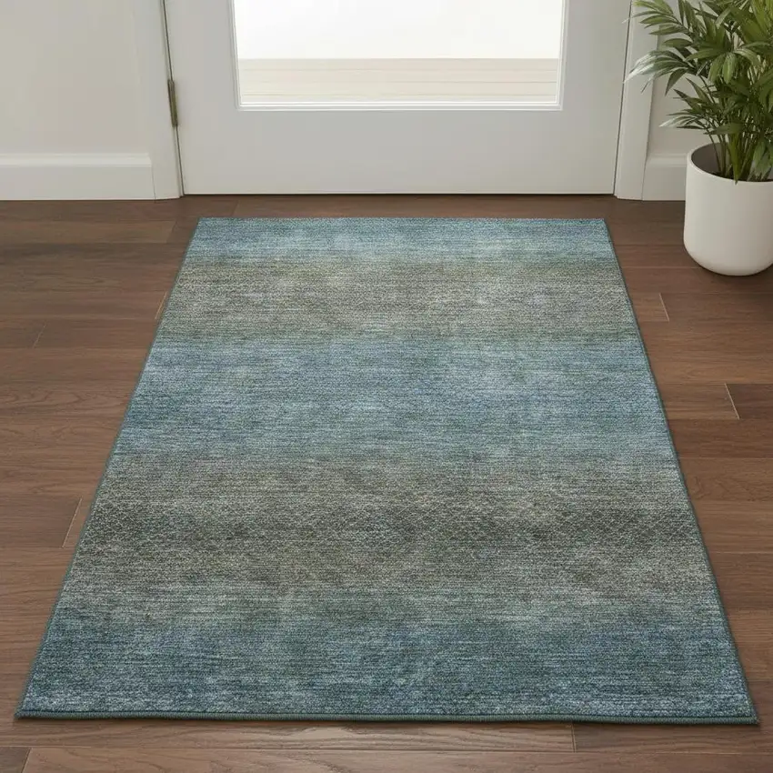 Blue And Taupe Geometric Washable Area Rug With UV Protection Photo 2