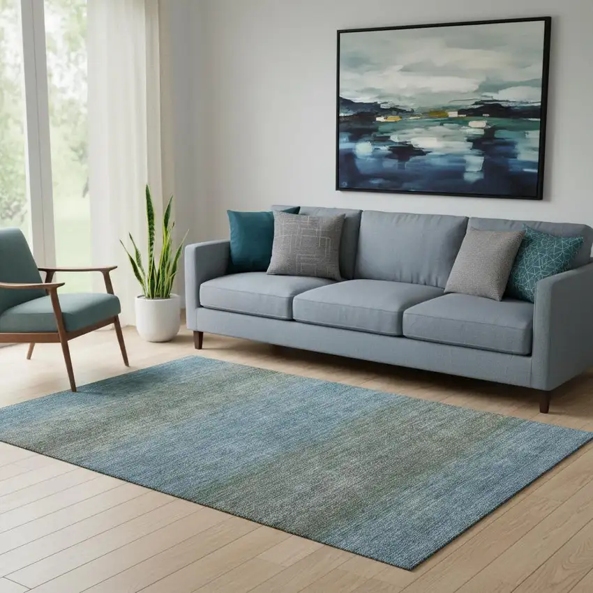 Blue And Taupe Geometric Washable Area Rug With UV Protection Photo 2