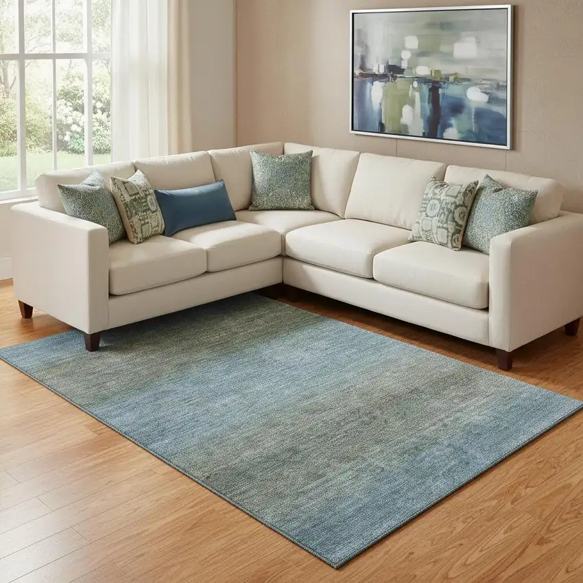 Blue And Taupe Geometric Washable Area Rug With UV Protection Photo 2