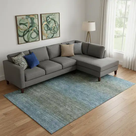 Blue And Taupe Geometric Washable Area Rug With UV Protection Photo 2
