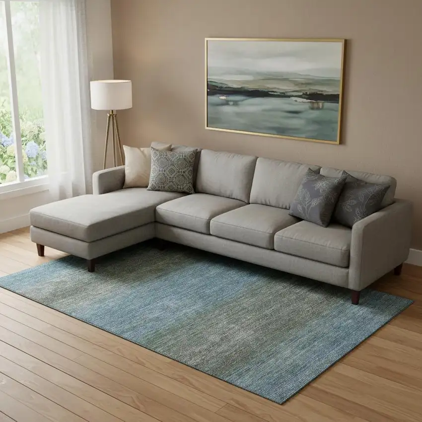 Blue And Taupe Geometric Washable Area Rug With UV Protection Photo 2