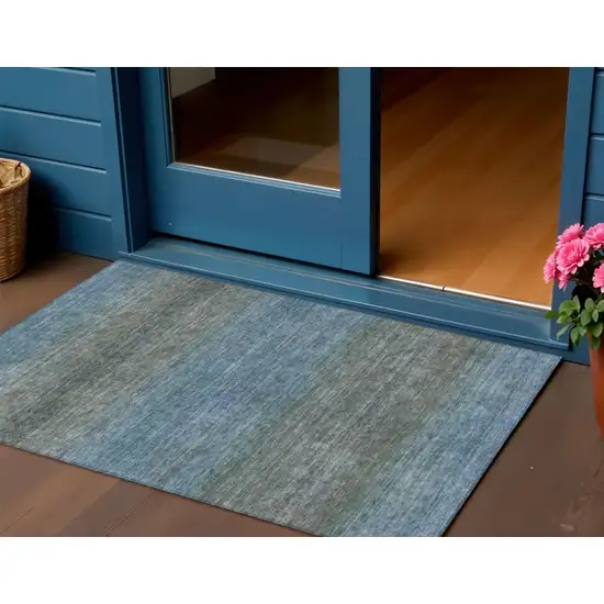 Blue And Taupe Geometric Washable Indoor Outdoor Area Rug Photo 2