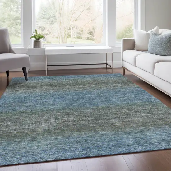 Blue And Taupe Geometric Washable Indoor Outdoor Area Rug Photo 7