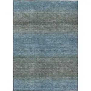 Photo of Blue And Taupe Geometric Washable Indoor Outdoor Area Rug
