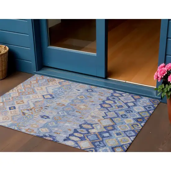 Blue And Taupe Geometric Washable Indoor Outdoor Area Rug Photo 1