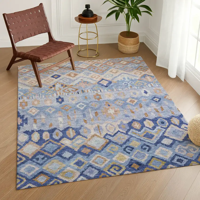 Blue And Taupe Geometric Washable Indoor Outdoor Area Rug Photo 9