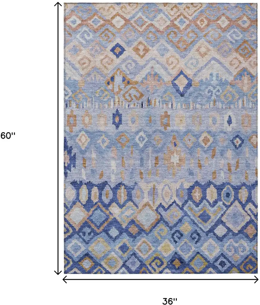 Blue And Taupe Geometric Washable Indoor Outdoor Area Rug Photo 3