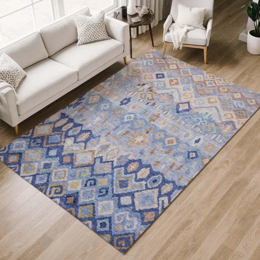 Blue And Taupe Geometric Washable Indoor Outdoor Area Rug Photo 8