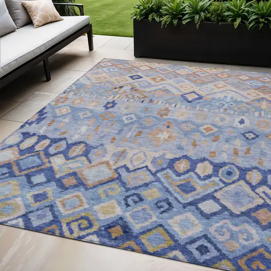 Blue And Taupe Geometric Washable Indoor Outdoor Area Rug Photo 1