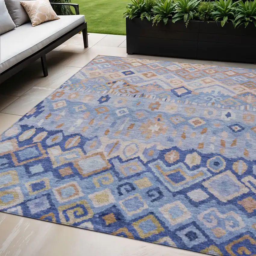 Blue And Taupe Geometric Washable Indoor Outdoor Area Rug Photo 1