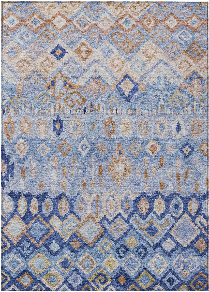 Blue And Taupe Geometric Washable Indoor Outdoor Area Rug Photo 2