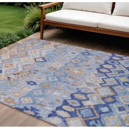 Blue And Taupe Geometric Washable Indoor Outdoor Area Rug Photo 1