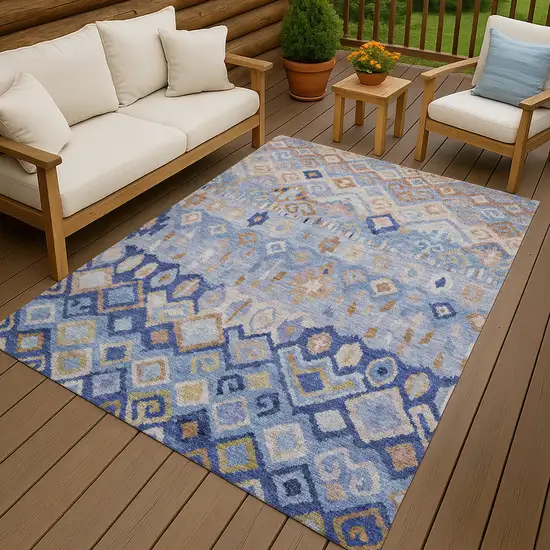 Blue And Taupe Geometric Washable Indoor Outdoor Area Rug Photo 9