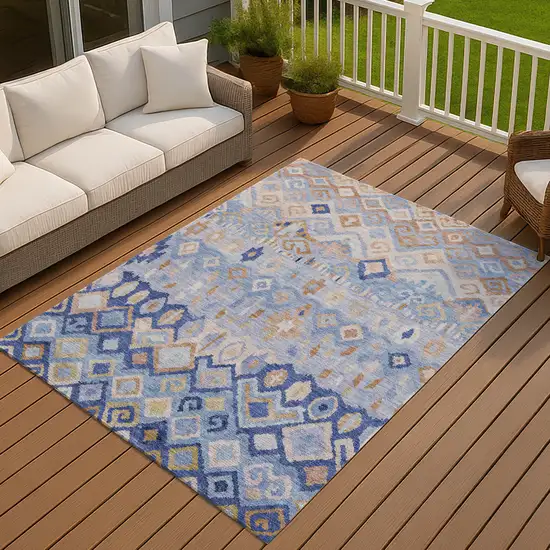 Blue And Taupe Geometric Washable Indoor Outdoor Area Rug Photo 6