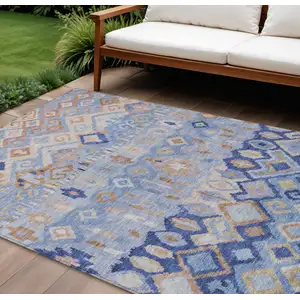 Photo of Blue And Taupe Geometric Washable Indoor Outdoor Area Rug