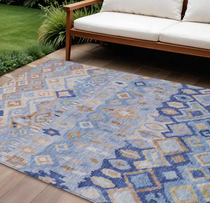 Blue And Taupe Geometric Washable Indoor Outdoor Area Rug Photo 1