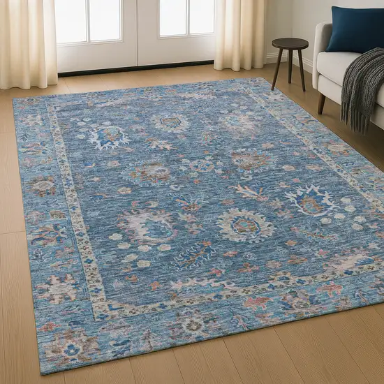 Blue And Taupe Oriental Washable Area Rug With UV Protection Photo 5