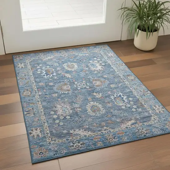 Blue And Taupe Oriental Washable Area Rug With UV Protection Photo 2