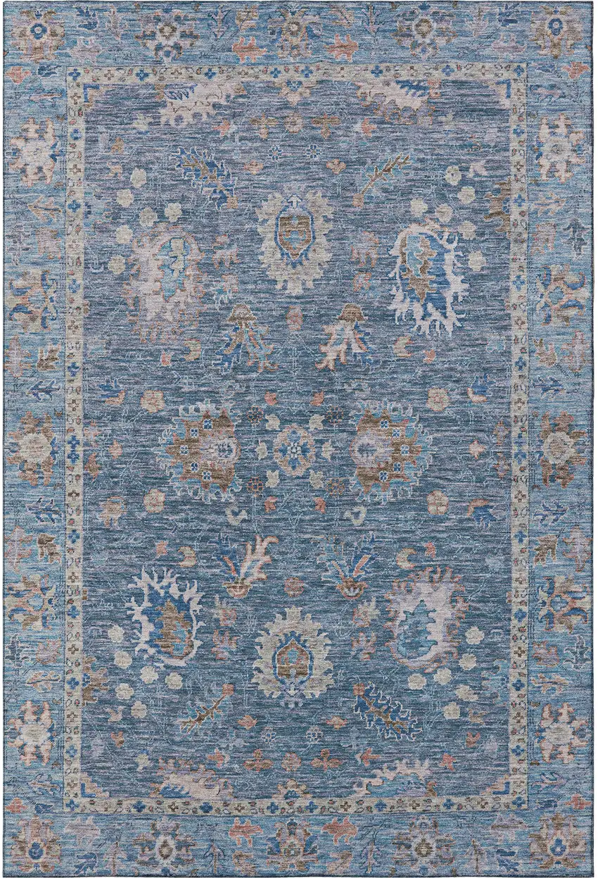 Blue And Taupe Oriental Washable Area Rug With UV Protection Photo 4
