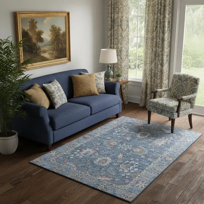 Blue And Taupe Oriental Washable Area Rug With UV Protection Photo 2