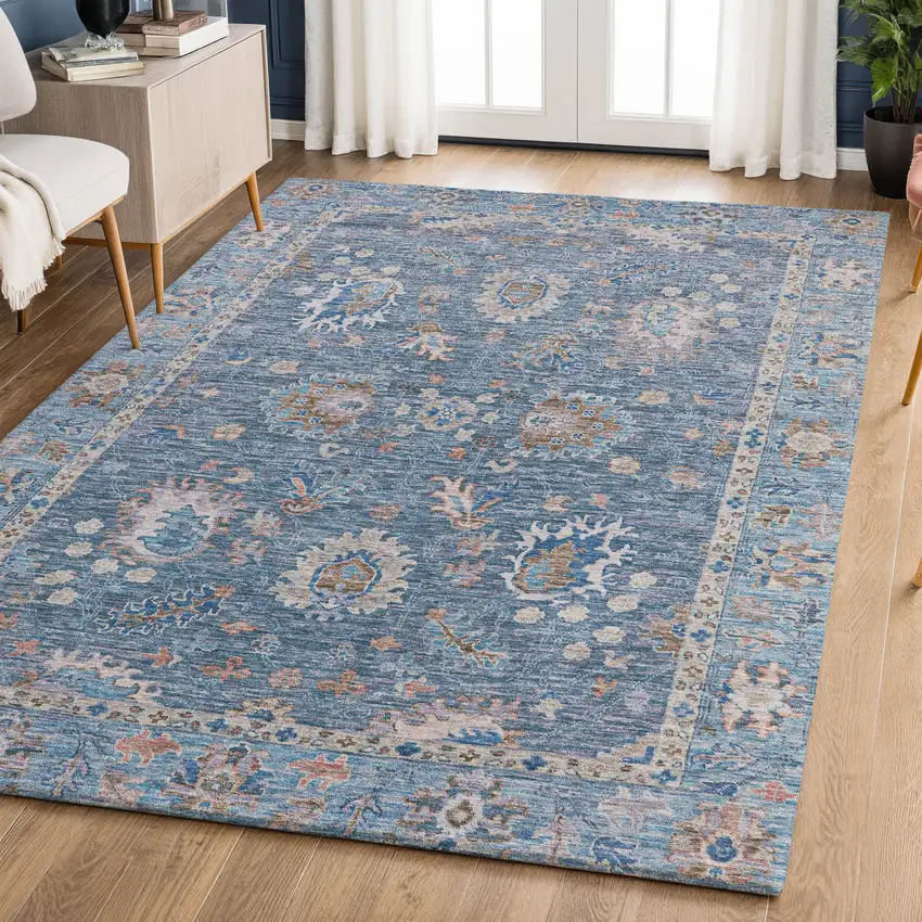 Blue And Taupe Oriental Washable Area Rug With UV Protection Photo 6