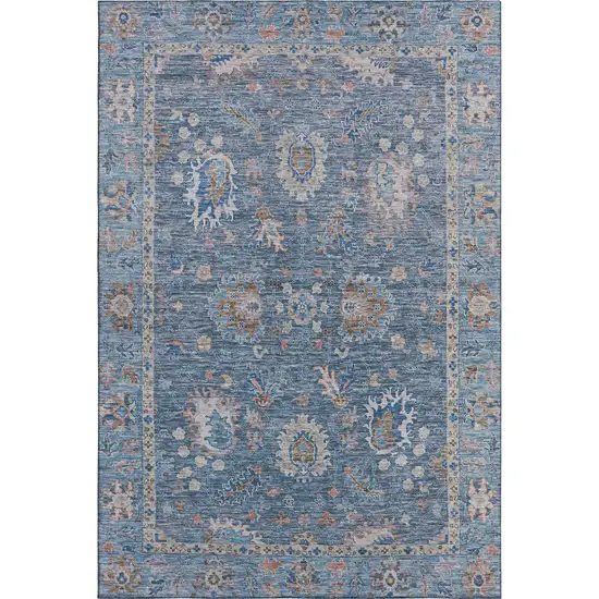 Blue And Taupe Oriental Washable Area Rug With UV Protection Photo 1