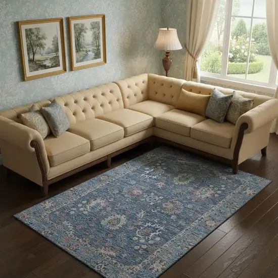 Blue And Taupe Oriental Washable Area Rug With UV Protection Photo 2